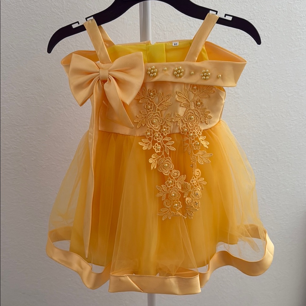 Yellow Floral Embellished Dress with Bow